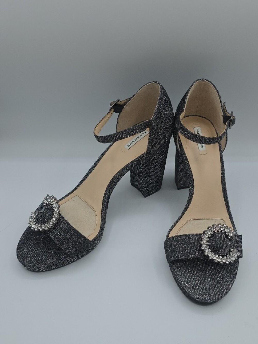 Alex Marie Black Glitter Block Heel Sandals with Crystal Circle Accent